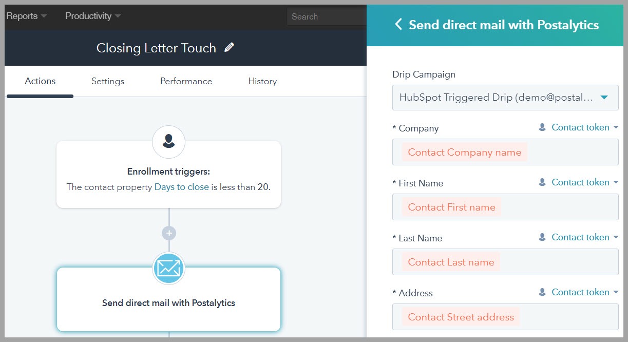 HubSpot Workflow Extension triggered direct mail drip campaigns