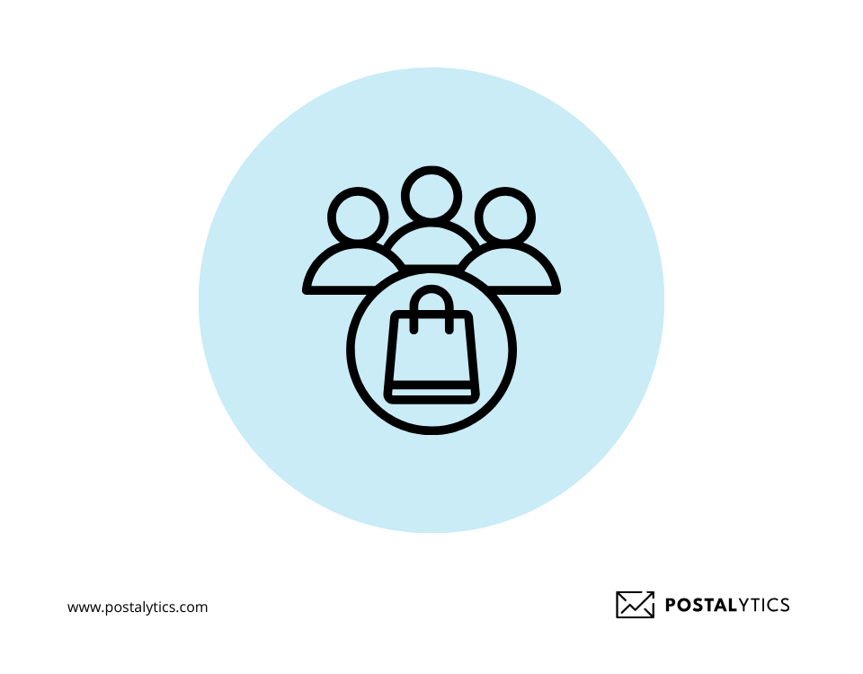 Minimalist icon of three people with a shopping bag, representing consumer direct mailing lists used for personalized marketing campaigns.