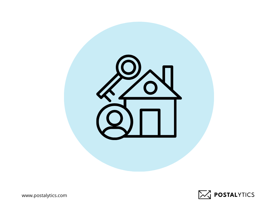 Illustration of a house with a key and a resident icon, symbolizing targeted direct mail lists for households and specific occupants.