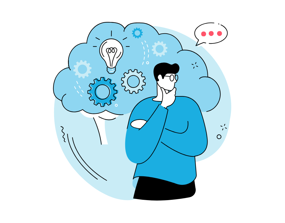 Illustration of a marketer deep in thought, evaluating the right and wrong audience for a direct mail campaign, with a thought bubble containing gears and ideas.