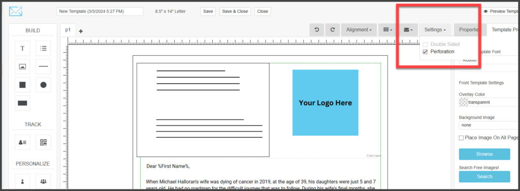 Perforation option in the Postalytics editor 