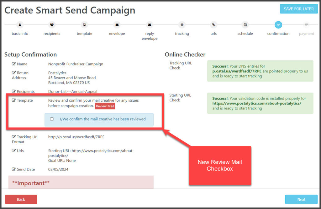 Postalytics Review Creative in Campaign Wizard