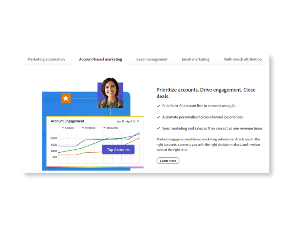 Account-based marketing tab featuring prioritizing accounts, driving engagement and closing deals